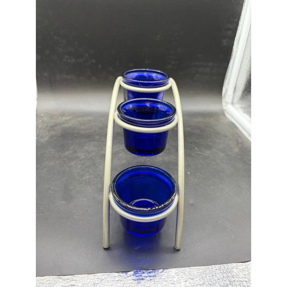 Cobalt Blue Glass Votive Candle Holder Set 5 Cup Arched Silver Metal Stand 12in